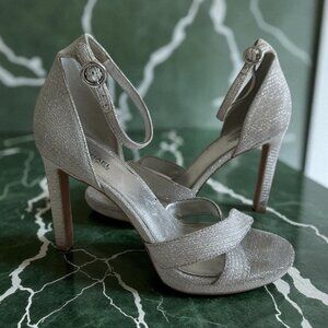 MICHAEL KORS Silver Fabric Ankle Strap Heels Size 7.5